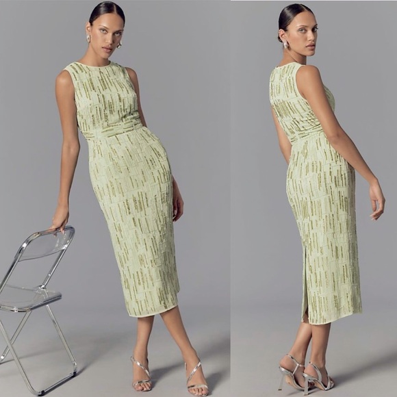 MAC DUGGAL Dress Size 14 Cocktail Gown Sequin Green Beaded Midi Sage Green NEW - Picture 2 of 15